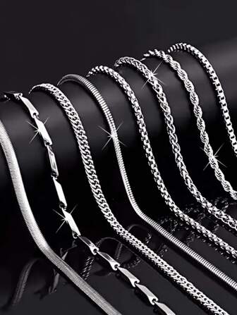 Set de 8 collares de cadena de acero inoxidable de moda para hombres, para uso diario y combinación DIY