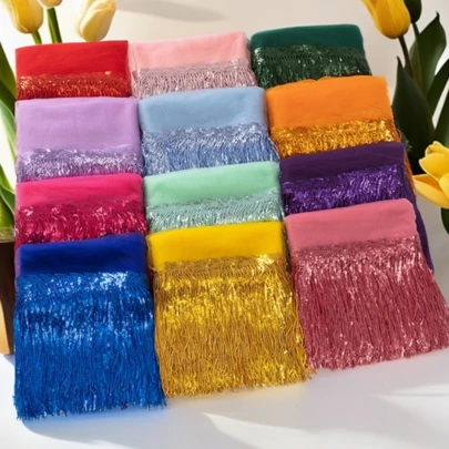Multicolor Mesh Sequin Tassel Trim Fringe Lace Sewing DIY Fabric Stage Performance Costume & Curtain Decor Accessory, Width:19cm
