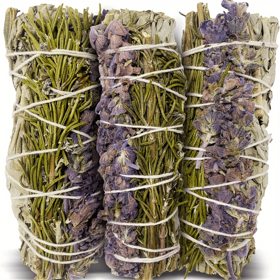 3支装手工鼠尾草香薰套装，包含迷迭香、薰衣草和白鼠尾草熏香棒，用于净化负能量、美化家居环境并营造宁静祥和的氛围。