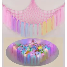 1 pieza Hamaca de red colgante para almacenar muñecos de felpa, decoración grande de hamaca para el hogar, sala de estar, dormitorio, regalo de decoración lindo y divertido, 100 X 100 X 150 Cm, hamaca triangular hecha a mano a ganchillo (sin luces incluidas)