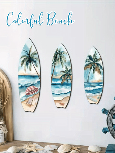 3 piezas Decoración de pared de tabla de surf de madera, señal de tabla de surf de verano, señal de tabla de surf de novedad de madera, arte de pared de tabla y palmera