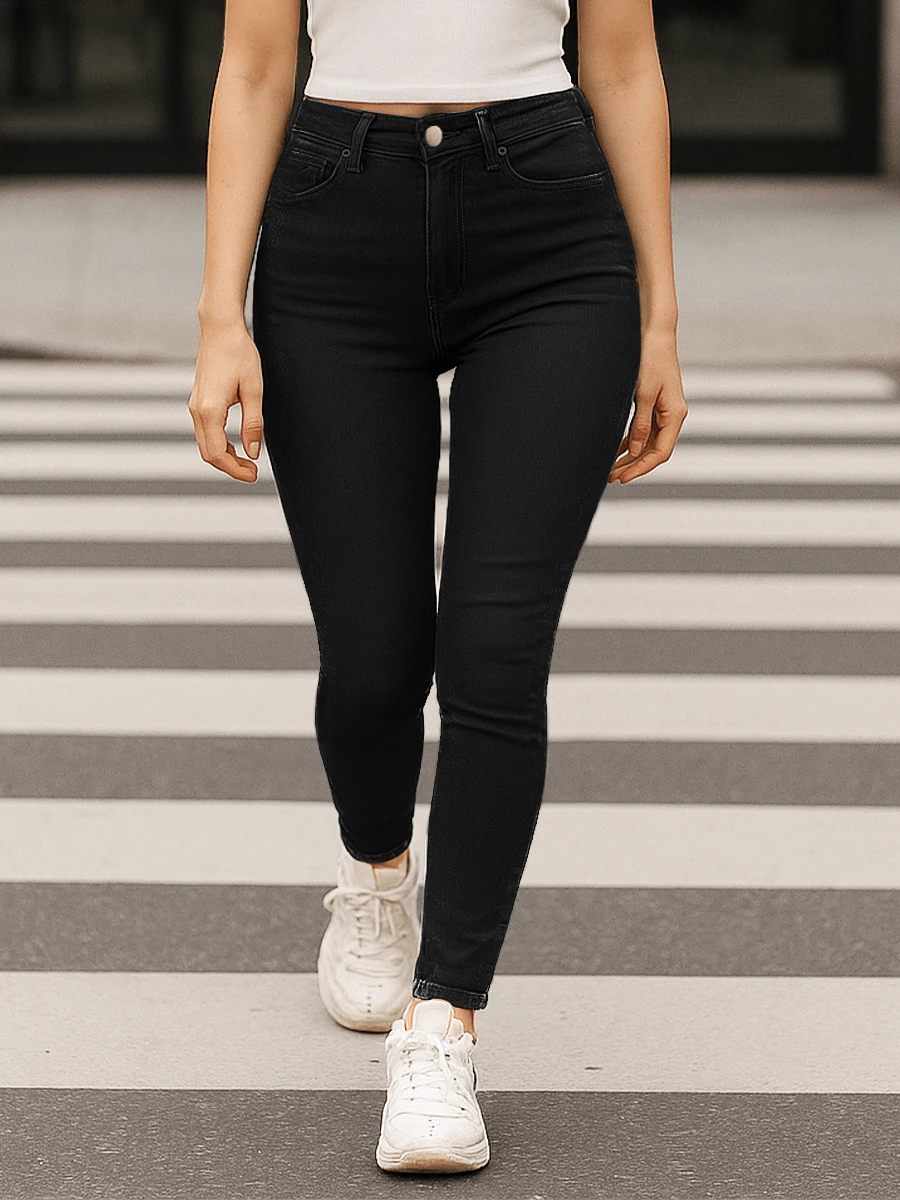 Jeans Skinny de Tiro Alto en Mezclilla, Ajustado, Levanta glúteos - Negro - Ver 1