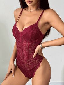 Romantic Lace Trim Bodysuit, Slim Fit Sexy Backless Corset Jumpsuit - Burgundy - View 2