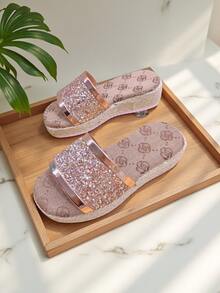1 Pair Rope & Crystal Woven Slider Sandals For Kids, Summer Casual Indoor Outdoor Soft Bottom Non-Slip Beach Flip Flops - Beige - View 1