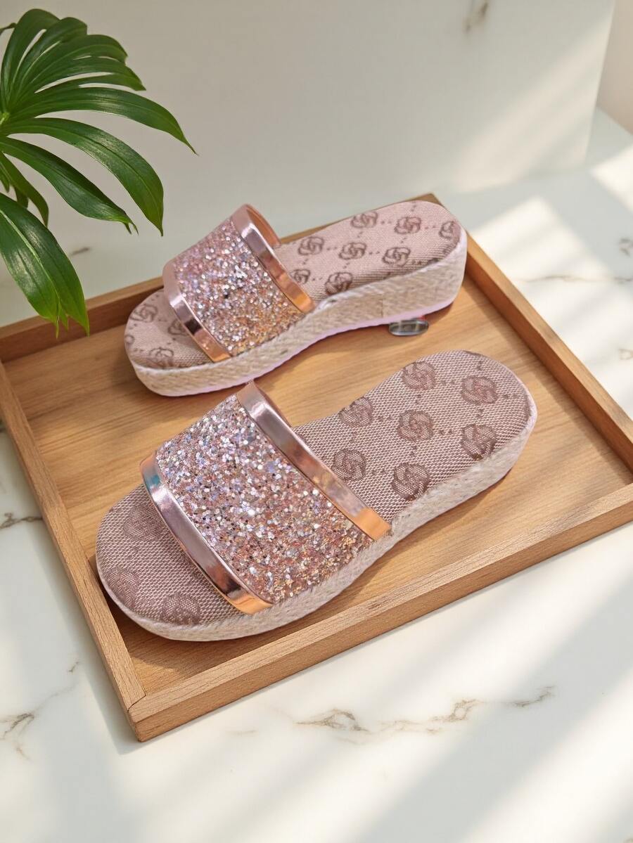 1 Pair Rope & Crystal Woven Slider Sandals For Kids, Summer Casual Indoor Outdoor Soft Bottom Non-Slip Beach Flip Flops - Beige - View 1