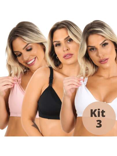 Kit 3 Sutiãs Amamentação Pós Parto Grávida Abre Fácil Sem Bojo - AmaLiz PROMO
