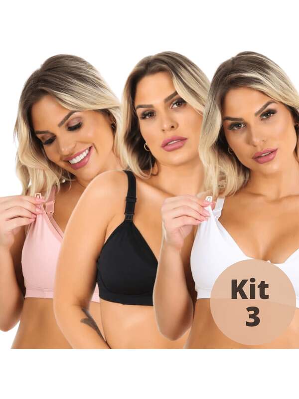 Kit 3 Sutiãs Amamentação Pós Parto Grávida Abre Fácil Sem Bojo - AmaLiz DESC
