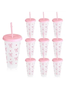 1pc/5pcs/10pcs, 24oz Powder Blue Bow Plastic Cups With Lid And Straw, Reusable, Cute Clear Plastic Cups, Plastic Cups For Birthday, Wedding And Party Supplies