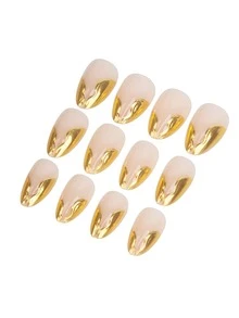 24片短款杏仁形美甲贴片，现代优雅3D金箔波浪装饰，简约经典金色3D闪亮不对称线条，完整假指甲套装，提升您的风格，改变您的指甲，适合日常使用和音乐节。美甲用品 - 金色 - 查看 6