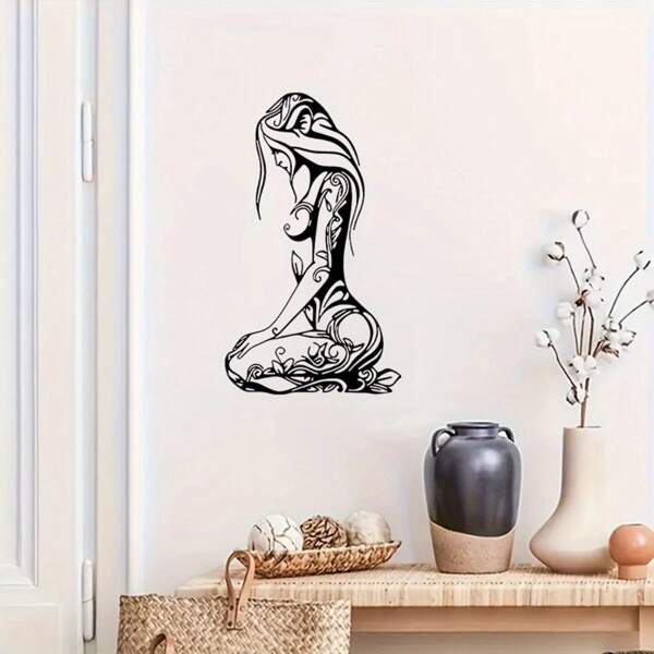 Arte de pared minimalista de metal - Silueta femenina abstracta con diseño de tatuaje floral, dibujo de línea en blanco y negro de la postura de meditación femenina, decoración moderna, decoración interior elegante, arte de pared contemporáneo, diseño de interiores, pieza de arte contemporáneo, diseño intrincado