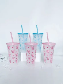 1pc/5pcs/10pcs, 24oz Powder Blue Bow Plastic Cups With Lid And Straw, Reusable, Cute Clear Plastic Cups, Plastic Cups For Birthday, Wedding And Party Supplies