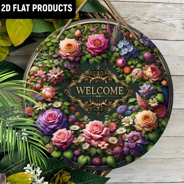 1pc Bright New Flower & Grass Spring Decorative Plaque - 7.87 Inch Vintage Welcome Sign Wooden Round Wall Or Door Decor, Easy To Hang Beautiful Rose Home Decor, Housewarming Gift, 2D Flat