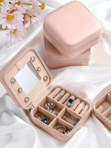 1 便携式旅行珠宝收纳盒，夏季便携式迷你旅行盒带镜子，小型旅行防水珠宝盒，PU防水珠宝收纳盒，便携式珠宝展示盒，大容量珠宝展示盒，迷你双层戒指盒收纳盒女士收纳整理器旅行必需品返校宿舍收纳