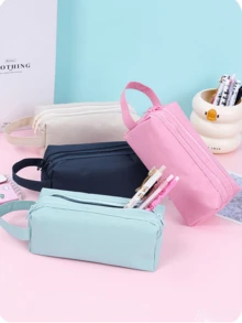 耐用的糖果色牛津布收纳袋 - 双隔层化妆刷和笔收纳袋 | 抗撕裂，便携，适合学校、工作室和旅行，简单而坚固的成人多功能文具收纳袋，多功能收纳袋，铅笔盒，化妆包，适用于学校、文具、节日礼物、学校礼物、返校