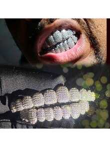1/2 Hip Hop Shining 18K Gold Plated Cubic Zirconia Gold Teeth Decoration Teen Grilz Grills 10 Teeth Upper And Lower Teeth Decoration Punk Bracelets Halloween Cosplay Rap Gorgeous Jewelry - Multicolor - View 1
