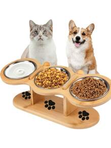 Raised Cat Food Bowls For Indoor Cats, Elevated Cat Bowls, Adjustable Heights Pet Bowl With Black Shelf, 3 Stainless Steel Elevated Cat Bowls Stand With 15°Tilted, Cat Food And Water Bowl Set