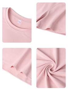 女士春夏新款棕榈树标语印花休闲圆领短袖T恤，时尚度假风，日常必备单品。女士度假图案T恤 - 粉色 - 查看 3