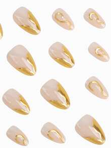 24片短款杏仁形美甲贴片，现代优雅3D金箔波浪装饰，简约经典金色3D闪亮不对称线条，完整假指甲套装，提升您的风格，改变您的指甲，适合日常使用和音乐节。美甲用品 - 金色 - 查看 2