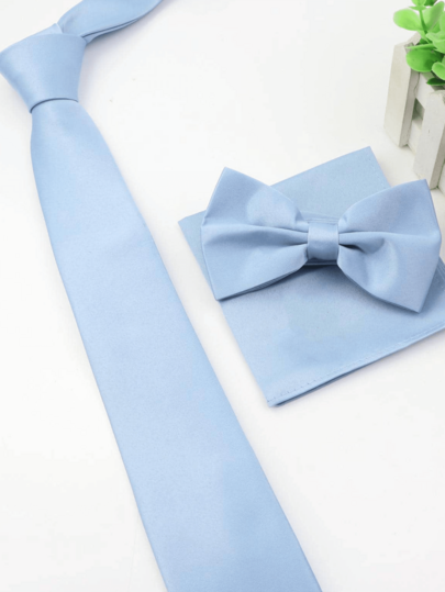 3pcs Solid Color Tie, Bowknot, Handkerchief, Combination Set, Men's Business Fashion Versatile, Suitable For Wedding Celebrations And Daily Wear Men Necktie