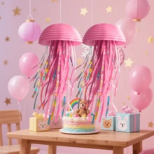 蓝/紫/粉水母纸灯笼，海底主题美人鱼派对悬挂装饰，海洋主题生日派对、教室、办公用品、节日派对、生日、婚礼装饰、圣诞节、派对装饰、生日装饰、节日装饰、餐厅装饰、多场景可折叠纸灯笼 - 粉色 - 查看 5