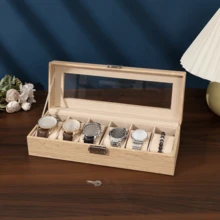 1pc Faux Wood Grain 6-Slot Watch Box, Transparent Window Jewelry Storage Box, Watch & Bracelet Organizer, PU Leather Jewelry Box, Dust-Proof Anti-Oxidation Watch Display Box - Multicolor - View 3