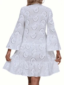 Women's Fashion Casual Hollow-Out Lace Trim Open Front Loose Long Sleeve Dress - 白色 - 查看 2