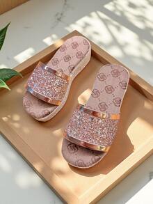 1 Pair Rope & Crystal Woven Slider Sandals For Kids, Summer Casual Indoor Outdoor Soft Bottom Non-Slip Beach Flip Flops - Beige - View 3