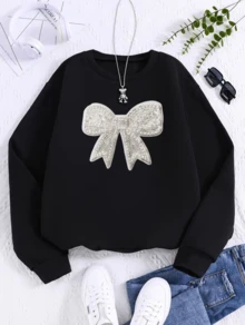 Sudadera estampada de Moño, sudadera casual de manga larga con cuello redondo para otoño y primavera, ropa de mujer. - Negro - Ver 1