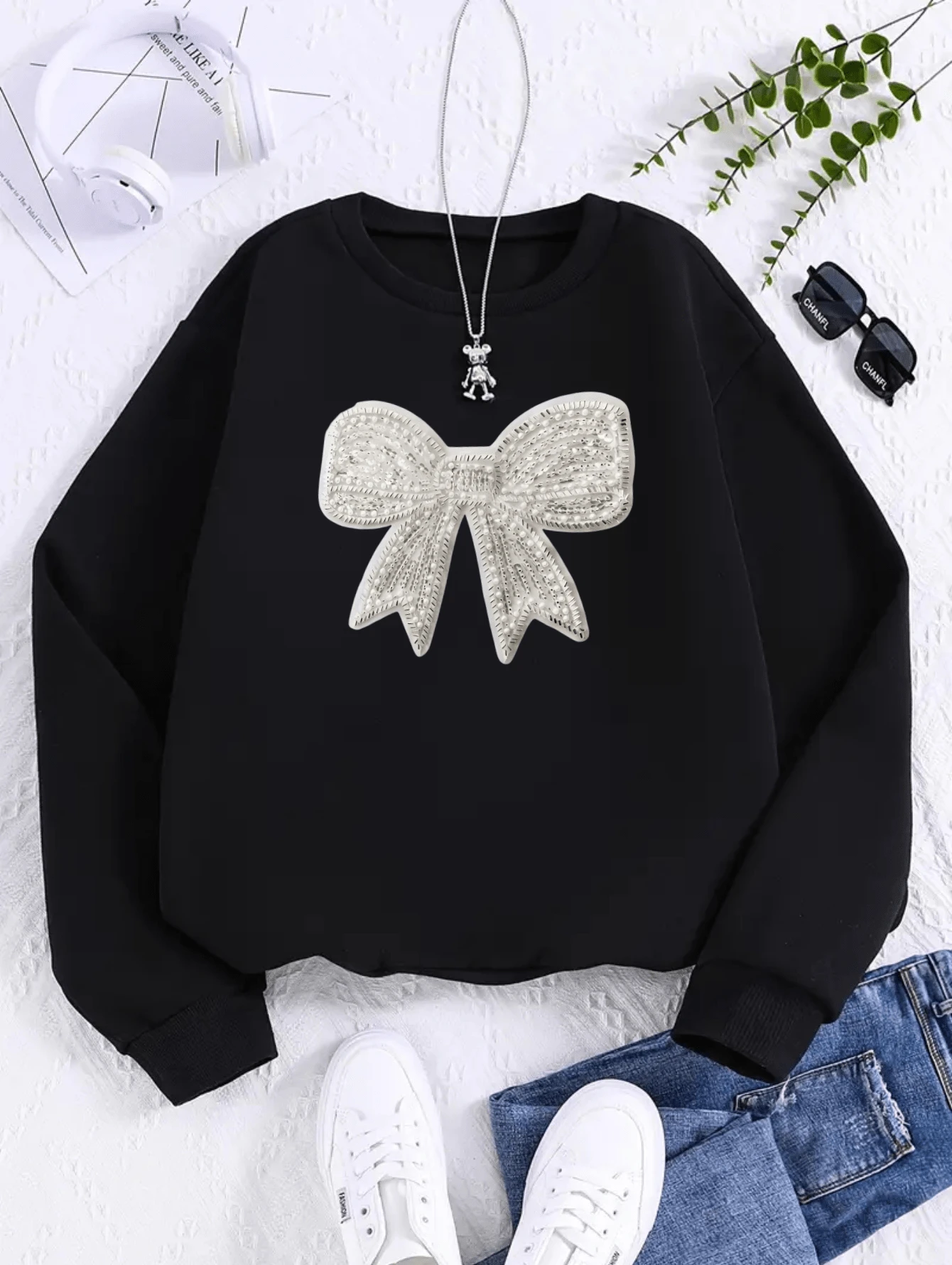 Sudadera estampada de Moño, sudadera casual de manga larga con cuello redondo para otoño y primavera, ropa de mujer. - Negro - Ver 1