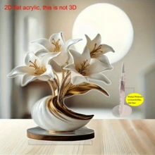 2D 扁平亚克力花瓶，配金色百合花 - 优雅的白色和金色装饰雕像，适合家庭、办公室或特殊场合 | 非常适合复活节、圣帕特里克节等 | 桌面展示、办公室装饰 | 优雅的花瓶设计 | 精细的工艺、花卉装饰