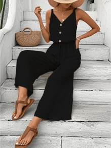 Damen Urlaubs-Jumpsuit mit einfarbigem Knopfdesign, Taillenbindung, V-Ausschnitt, weitem Bein und ärmellos, lässig