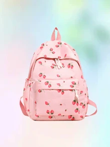 1pc, Versatile, Fashionable, High-Value, Niche Design, Casual, Cute, Sweet, Hand-Held Backpack, Fabric Letter Strawberry Print, Adjustable Shoulder Strap, Large Capacity, Multi-Pocket Backpack, Suitable For Women'S Daily Commuting And Going Out For Shopping And Play