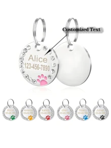 1 件个性化宠物狗/猫身份牌 - 刻有姓名和号码，饰有水晶钻石，圆形金属项圈标签，带有爪印设计，耐用的宠物身份牌，时尚、个性化狗牌，闪亮装饰，夏季配饰