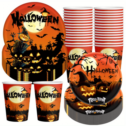 10pcs/20pcs/30pcs/60pcs Halloween Plates And Cups Black Pumpkin Paper Plates Paper Cups Halloween Dinnerware Disposable Dessert Plates Drinking Cups For Halloween Party Decoration Supplies