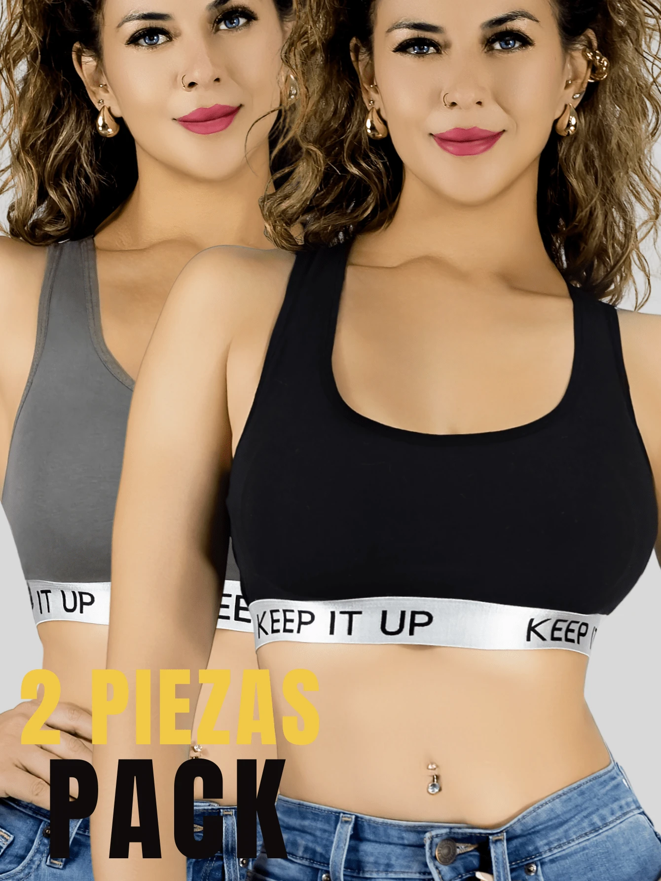 Set De 2 Bra Mujer Con Copas Push Up Peto Medio Comodidad - Gris Oscuro - Ver 1