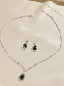 Set di gioielli da sposa composto da 3 pezzi: collana e orecchini neri eleganti e di lusso con cristalli, perfetti per occasioni formali come matrimoni, gala, feste, balli