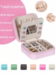 1 便携式旅行珠宝收纳盒，夏季便携式迷你旅行盒带镜子，小型旅行防水珠宝盒，PU防水珠宝收纳盒，便携式珠宝展示盒，大容量珠宝展示盒，迷你双层戒指盒收纳盒女士收纳整理器旅行必需品返校宿舍收纳