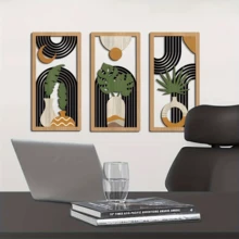 3 件中世纪现代镂空墙饰波西米亚风格镂空木艺术墙饰抽象几何墙饰卧室客厅餐厅门廊墙壁装饰壁画 - 彩色 - 查看 8