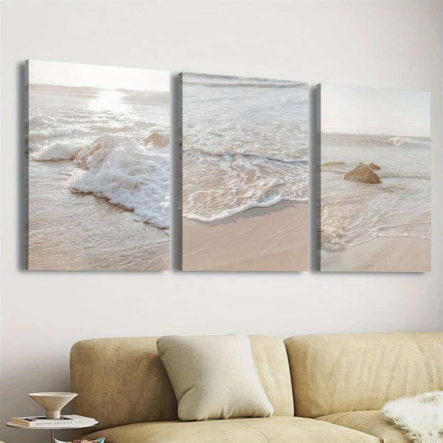 3 件套 波西米亚风情中性米色海滨沙滩海岸风景帆布墙面艺术印刷品、海洋海报、现代艺术、日落海滨印刷品、自然风景墙面装饰，是卧室、客厅、走廊、墙面艺术、夏季装饰、房间装饰的理想礼物，无框 - 米色 - 查看 1