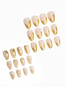 24片短款杏仁形美甲贴片，现代优雅3D金箔波浪装饰，简约经典金色3D闪亮不对称线条，完整假指甲套装，提升您的风格，改变您的指甲，适合日常使用和音乐节。美甲用品 - 金色 - 查看 4