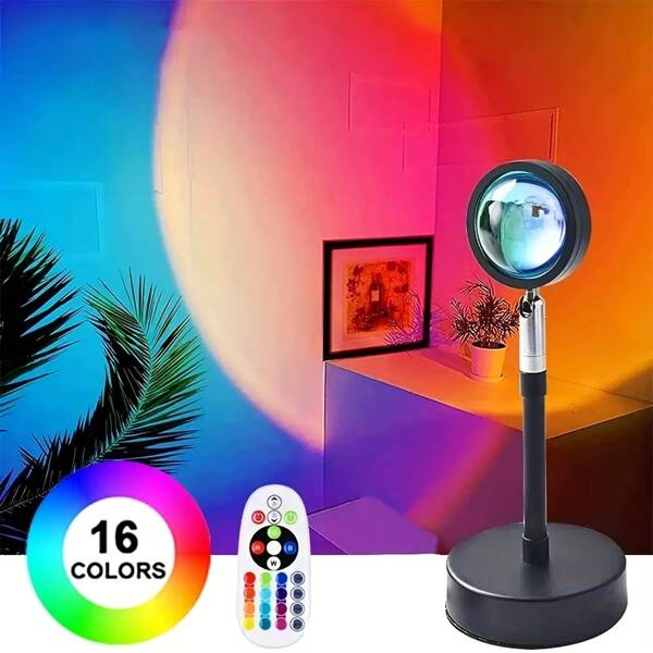 1 pièce Lampe de coucher de soleil USB avec télécommande - Projecteur LED RVB de 16 couleurs changeantes, luminosité réglable, lampe d'ambiance de bureau de chambre à coucher, éclairage de fond photographique, nuances de rose et bleu vives, design moderne, corps en plastique durable