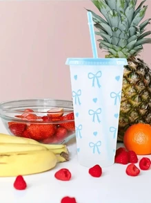 1pc/5pcs/10pcs, 24oz Powder Blue Bow Plastic Cups With Lid And Straw, Reusable, Cute Clear Plastic Cups, Plastic Cups For Birthday, Wedding And Party Supplies
