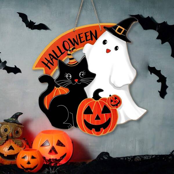 Halloween Spooky Ghost Black Cat Front Door Sign, Pet Jack O Lantern Pumpkin Wood Hanger Outdoor Outside Porch Home Decor, Funny Wooden Wreath Indoor Wall Hanging Decoration