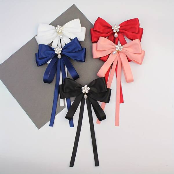 1pc Women's Fashion Bow Tie, Brooch With Long Ribbon, Diamond Studded, Suitable For School Uniforms, Formal Dresses And Daily Wear