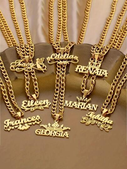 Customized Name Cuban Necklace - Gold Stainless Steel Personalized Letter Heart Design, Suitable For Both Boy And Girl, Multiple Styles, Exquisite And Durable Gifts For Birthday And Anniversary (Wife/Boyfriend/Friend), High Quality Polishing Craftsmanship, Emotional Collection
