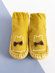 1 par de calcetines antideslizantes para bebé con conejo y moño, calcetines para gatear en interiores para niños pequeños con puntos de goma