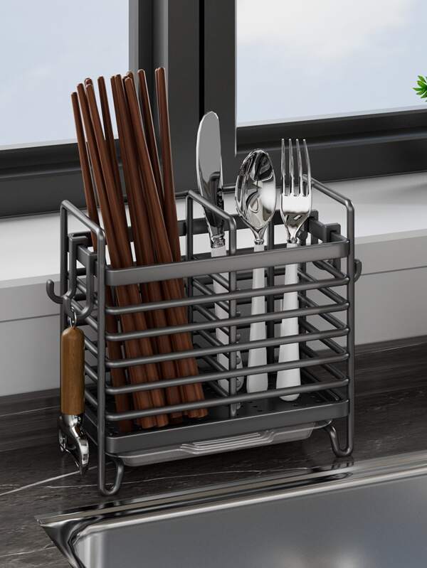 1pc 2/3 Grid Stainless Steel Chopstick Holder, Cutlery Drain Rack, Durable Cutlery Storage Rack, Home Storage Organizer For Home, Dormitory With Drain Tray, Kitchen Accessories