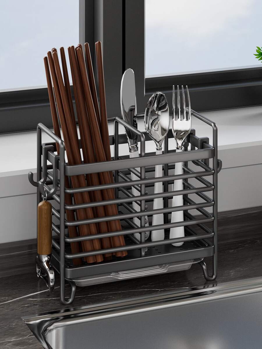1pc 2/3 Grid Stainless Steel Chopstick Holder, Cutlery Drain Rack, Durable Cutlery Storage Rack, Home Storage Organizer For Home, Dormitory With Drain Tray, Kitchen Accessories - Multicolor - View 1
