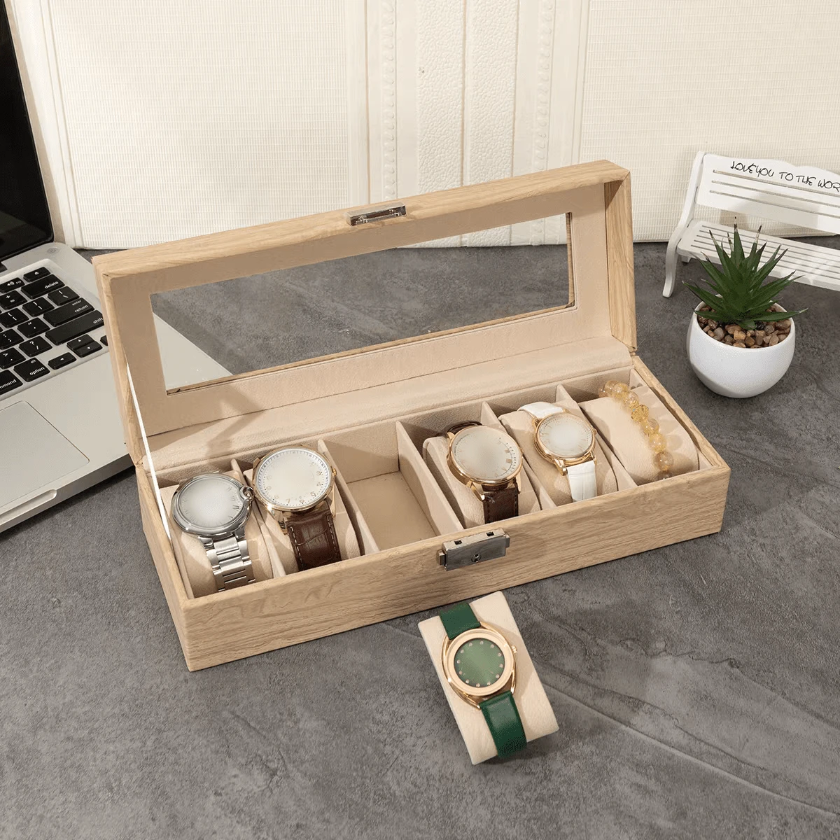 1pc Faux Wood Grain 6-Slot Watch Box, Transparent Window Jewelry Storage Box, Watch & Bracelet Organizer, PU Leather Jewelry Box, Dust-Proof Anti-Oxidation Watch Display Box - Multicolor - View 1