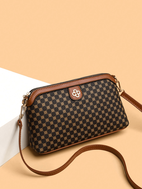 1 pieza Bolso bandolera de estilo retro de mujer con diseño de bloques de color, rombos y cuadros, adecuado para uso diario